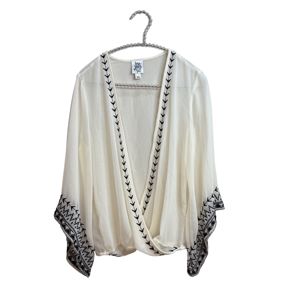 Ivy Jane Womens XS Sheer Embroidered Boho Peasant Sheer Top Ivory Black Draped